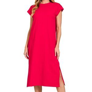 Zenana Round Neck Side Slit Midi Dress